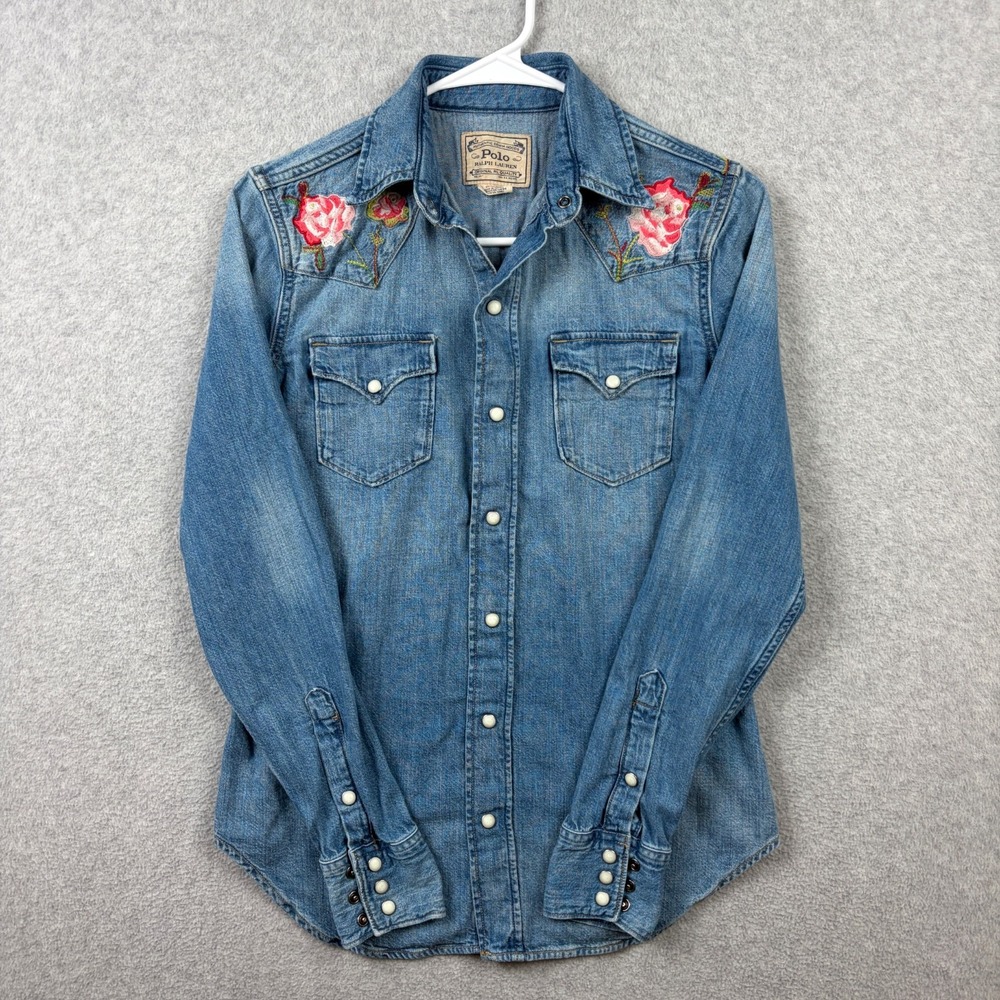 Polo Ralph Lauren Shirt Women XS Denim Floral Embroidered Pearl Snap Western